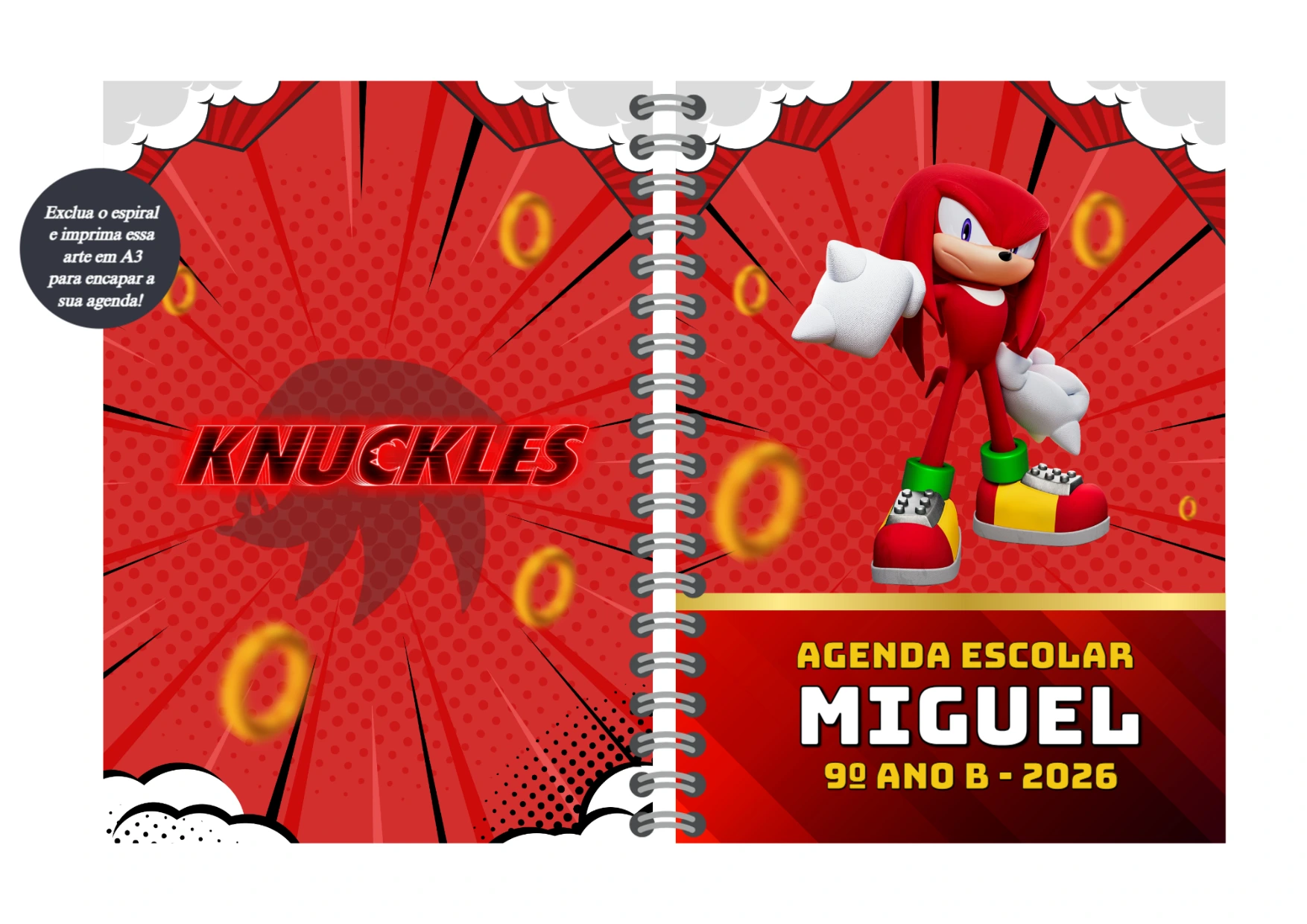 Capa de Agenda Escolar Knuckles para Editar e Imprimir