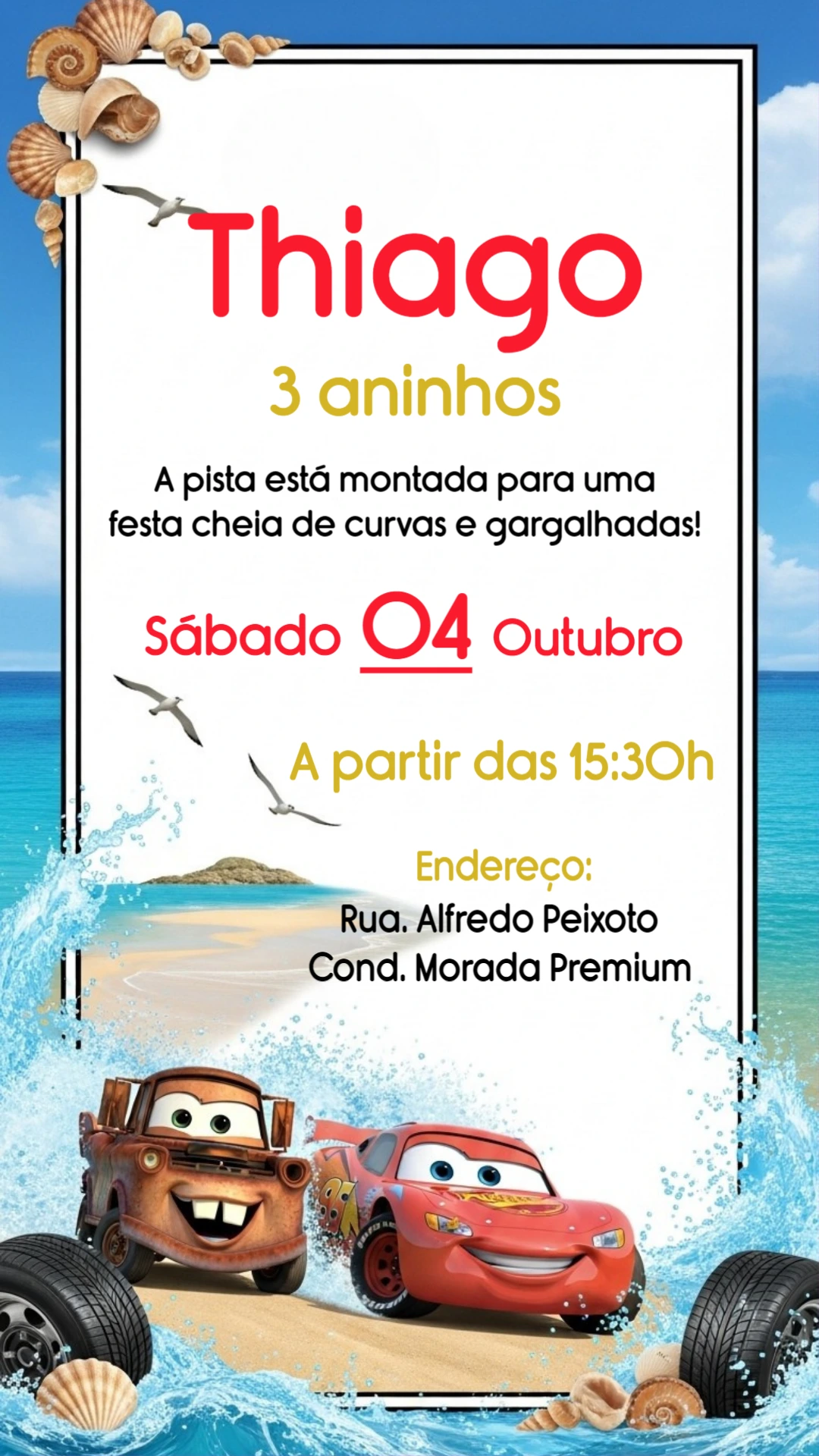 Convite Aniversário Carros na Praia para Editar Online