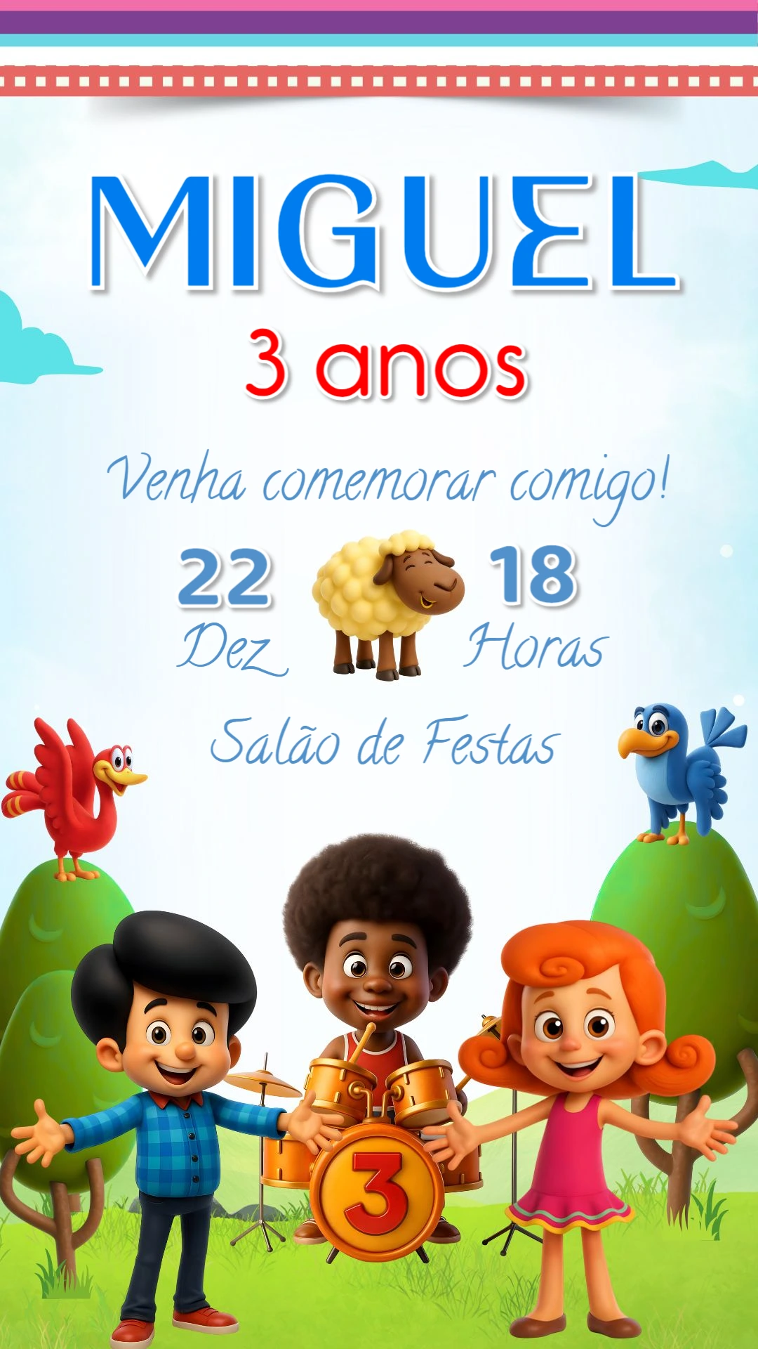 Convite Aniversário 3 Palavrinhas com Personagens para Editar