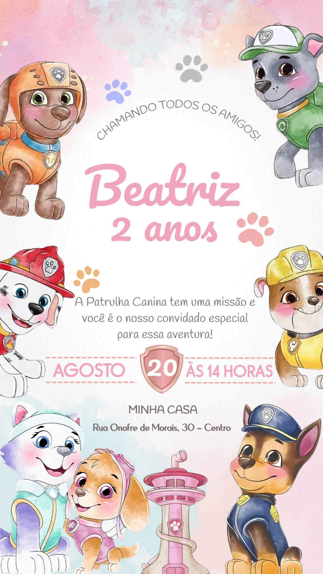 Convite Aniversário Patrulha Canina Aquarela para Editar