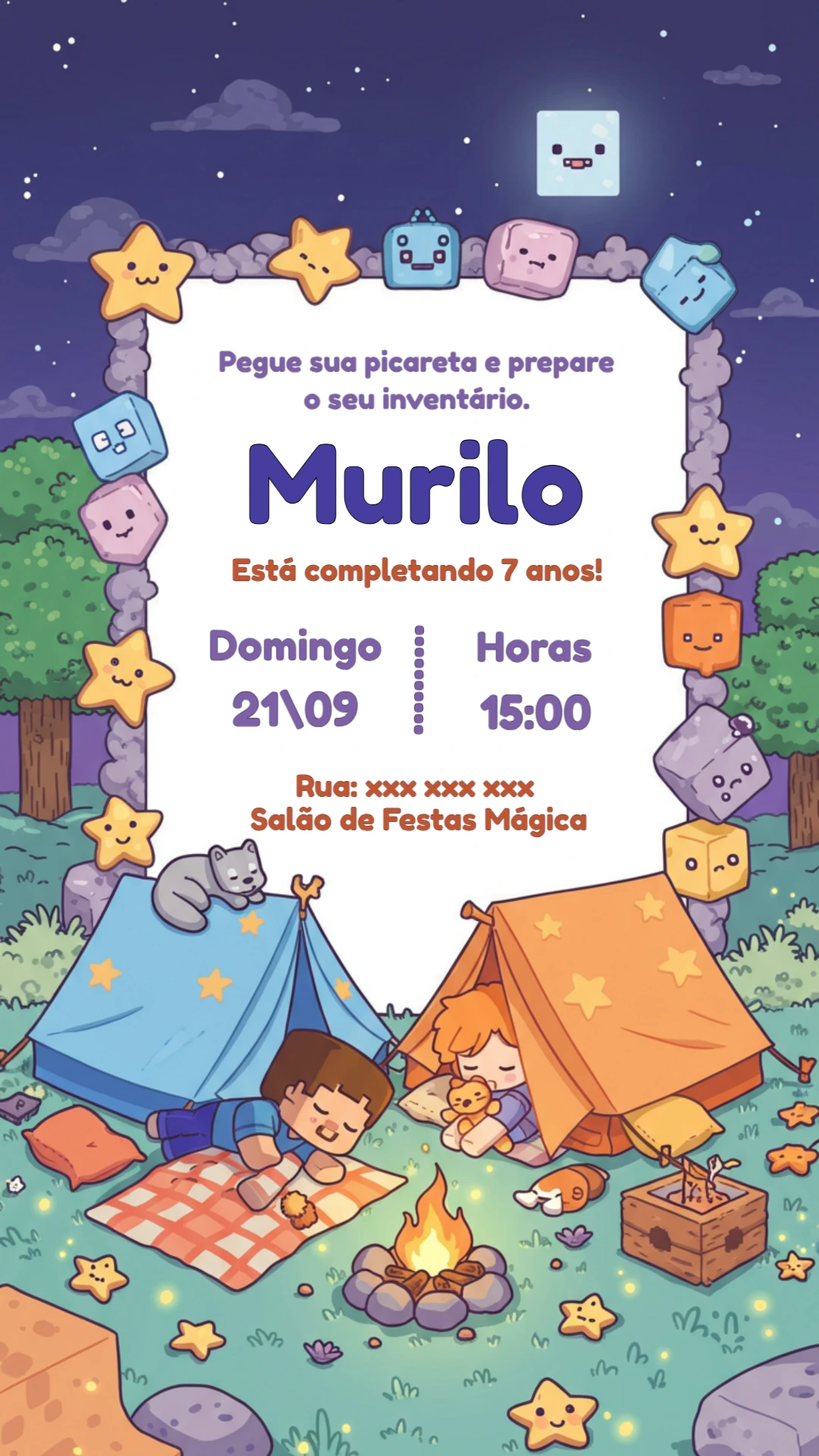 Convite de Aniversário Minecraft Camping para Editar Online