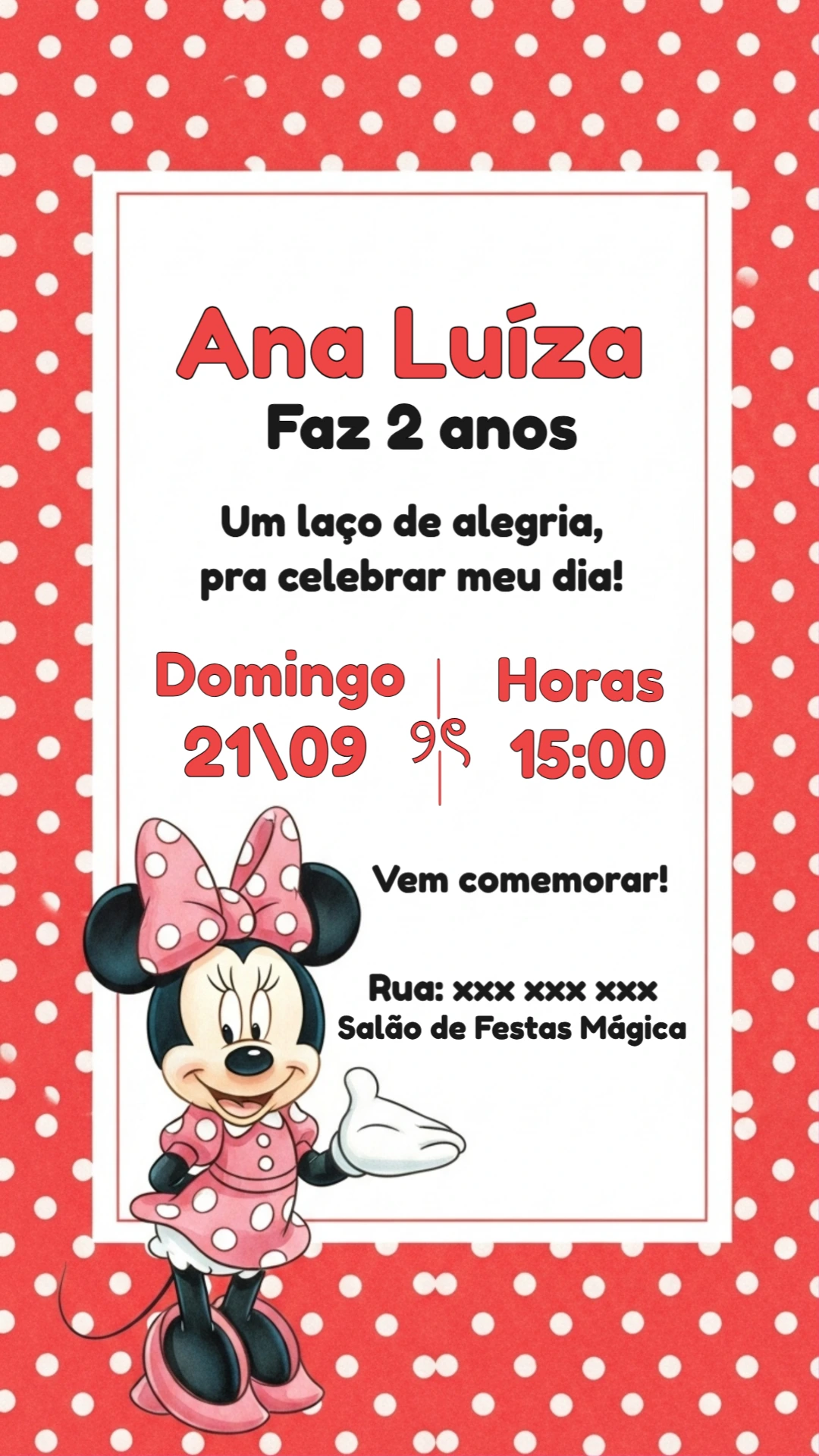 Convite de Aniversário Minnie Vermelha para Editar Online