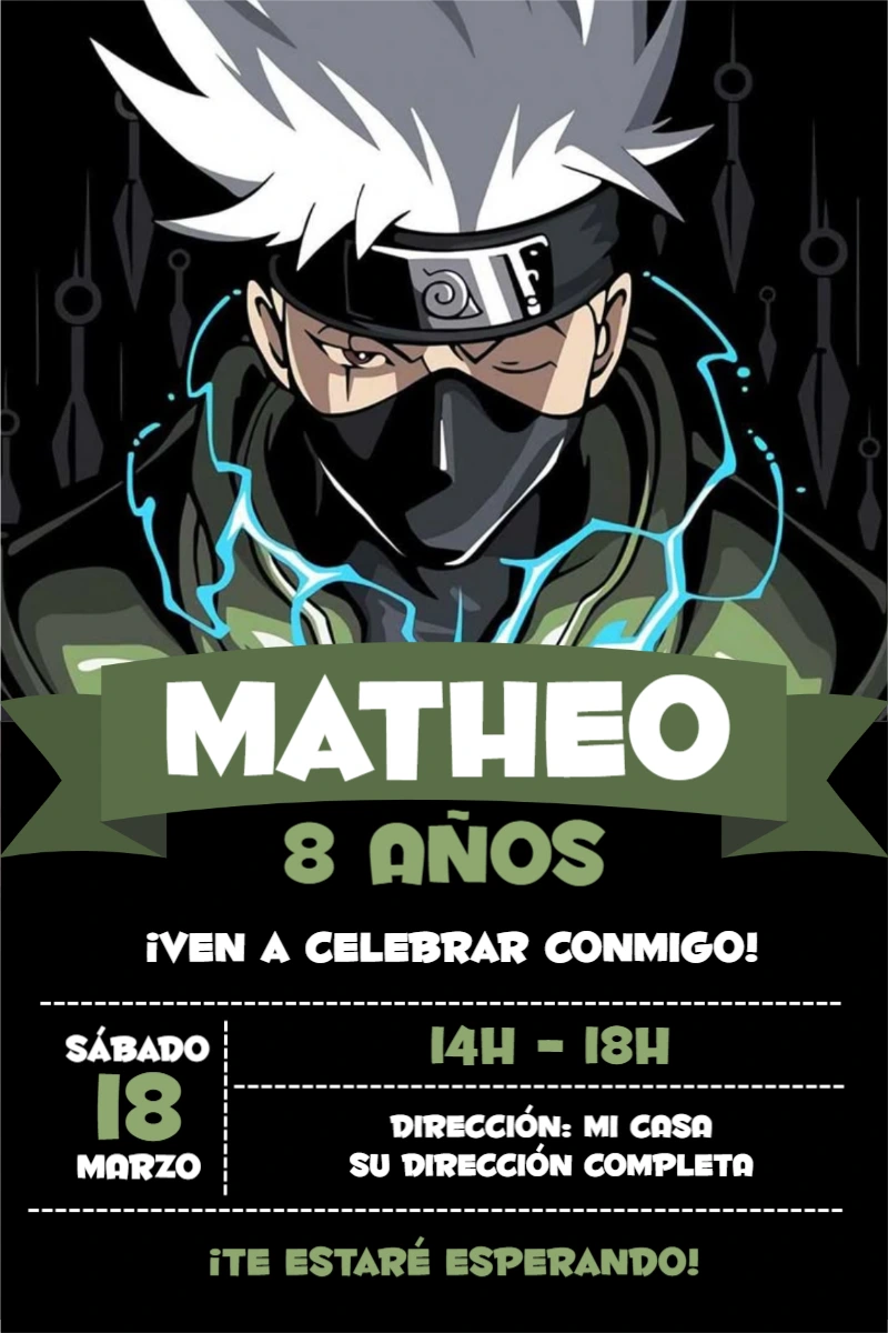 Invitación Digital de Kakashi Hatake para Cumpleaños Editable