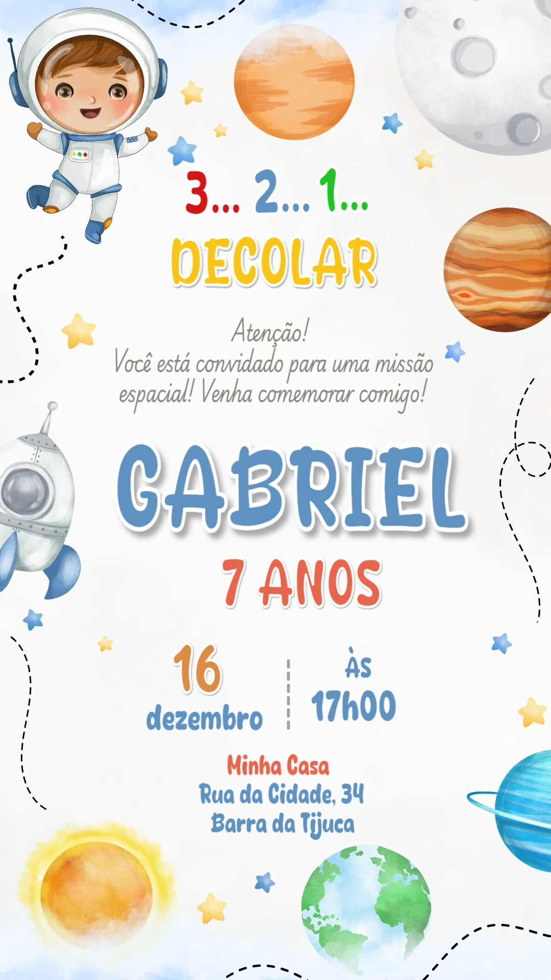 Convite de Aniversário Astronauta no Espaço para Editar Online