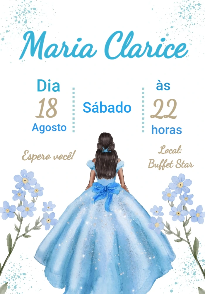 Convite 15 Anos Princesa Vestido Azul para Editar Online