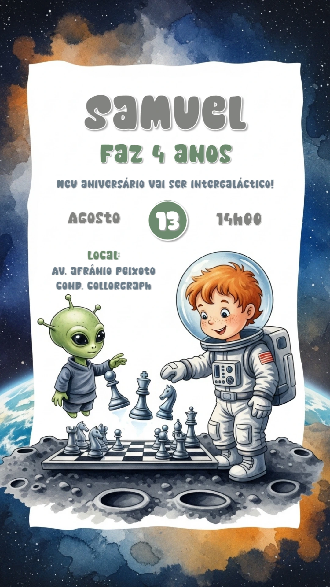 Convite Aniversário Astronauta no Espaço para Editar Online