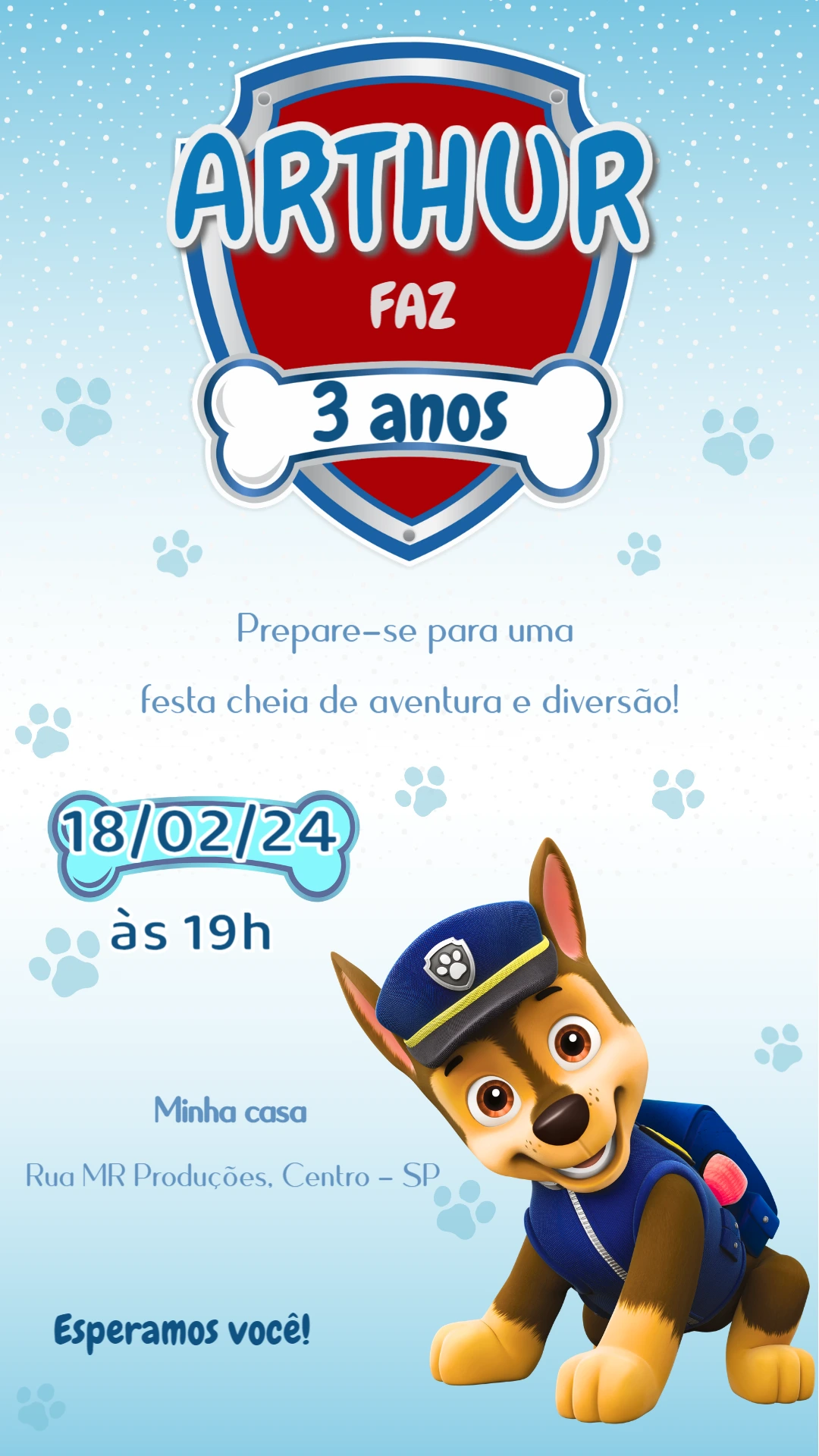 Convite de Aniversário Patrulha Canina com Chase para Editar