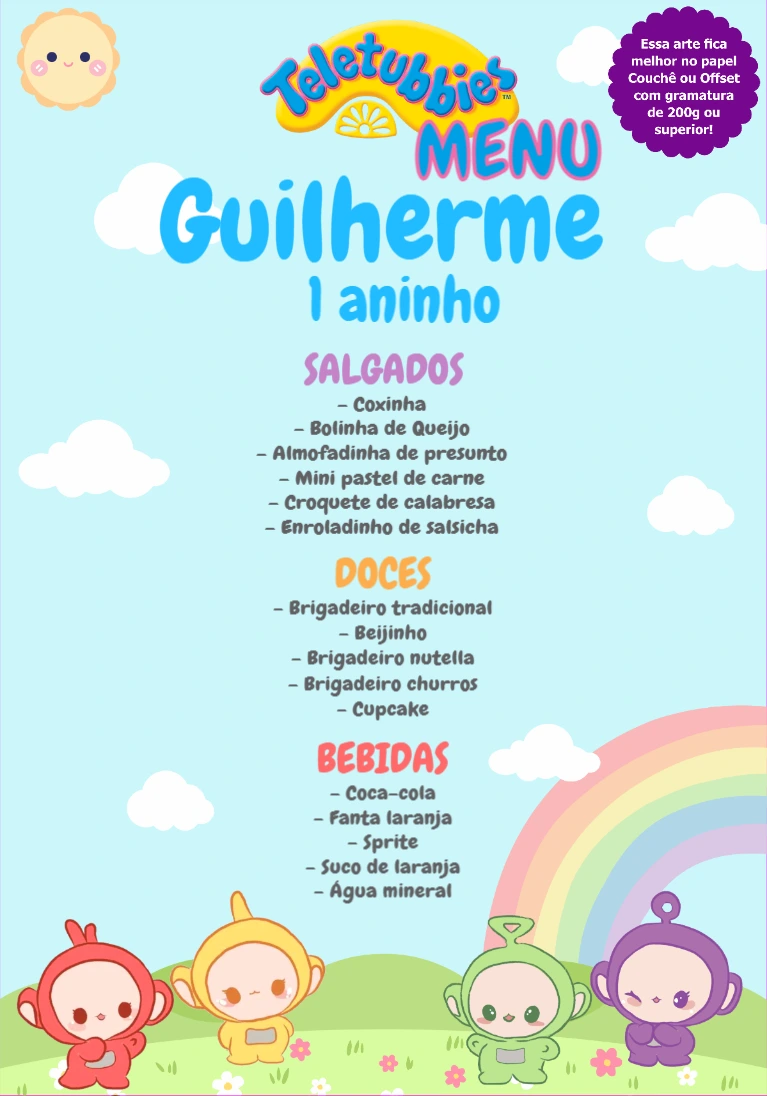 Cardápio Teletubbies Editável para Festa de Aniversário