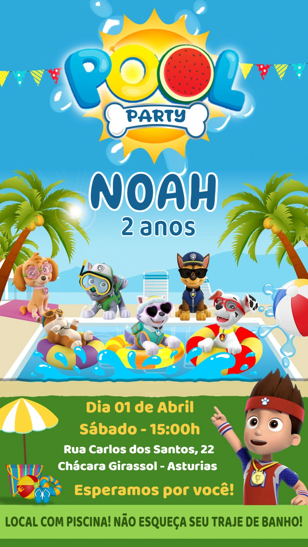 Convite Aniversário Patrulha Canina Pool Party para Editar