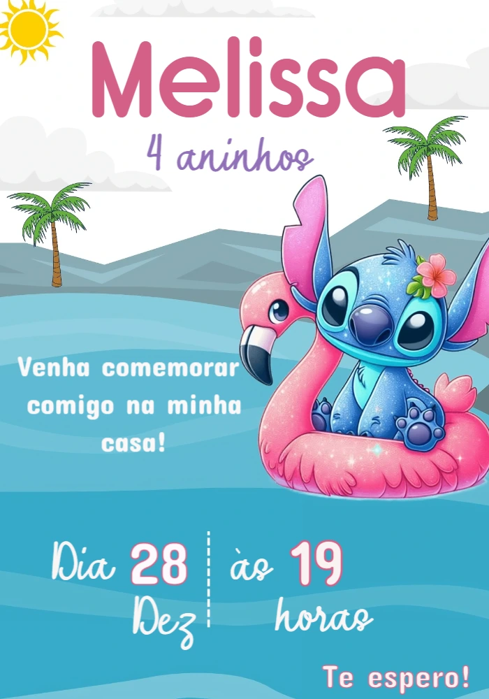 Convite Aniversário Stitch Tropical para Editar Online