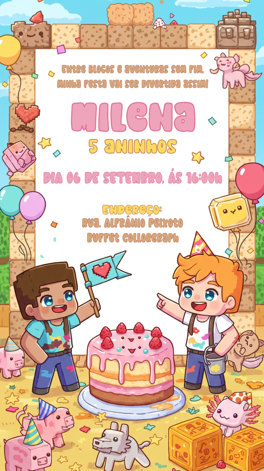 Convite de Aniversário Minecraft Fofo com Personagens para Editar