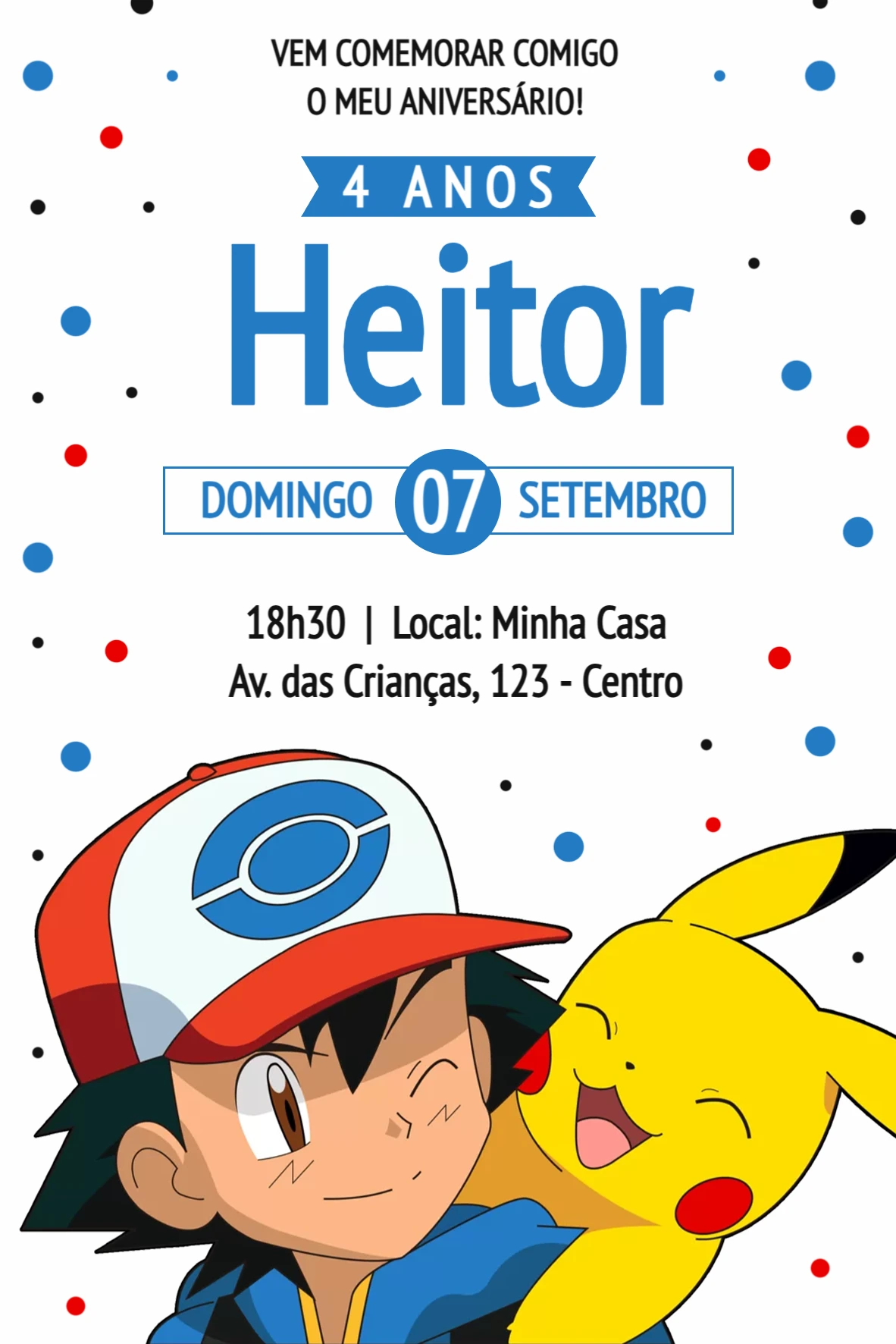 Convite de Aniversário Pokémon com Ash e Pikachu para Editar