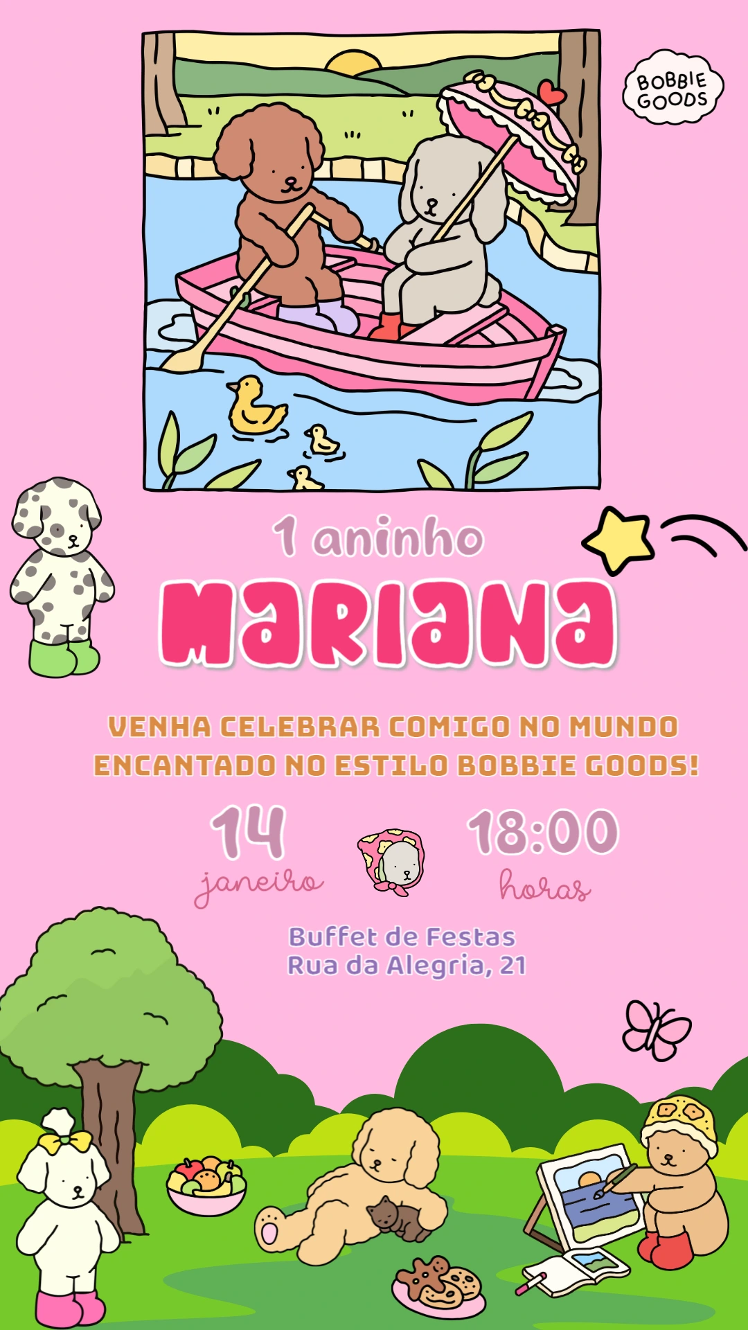 Convite de Aniversário Bobbie Goods para Editar Online