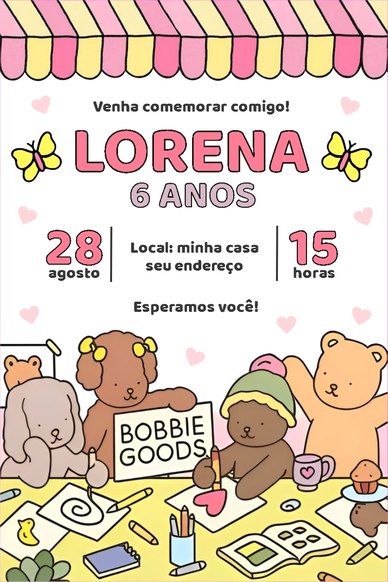 Convite Aniversário Bobbie Goods com Ursinhos para Editar Online