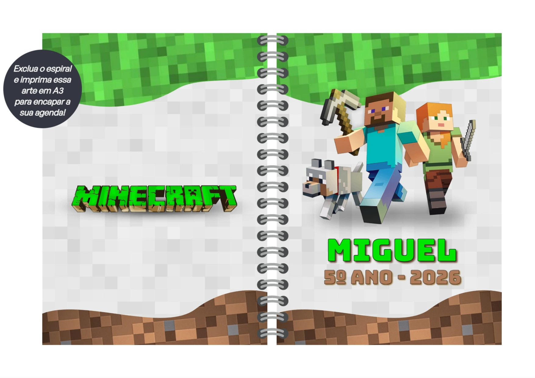 Capa de Agenda Minecraft com Personagens para Editar Online