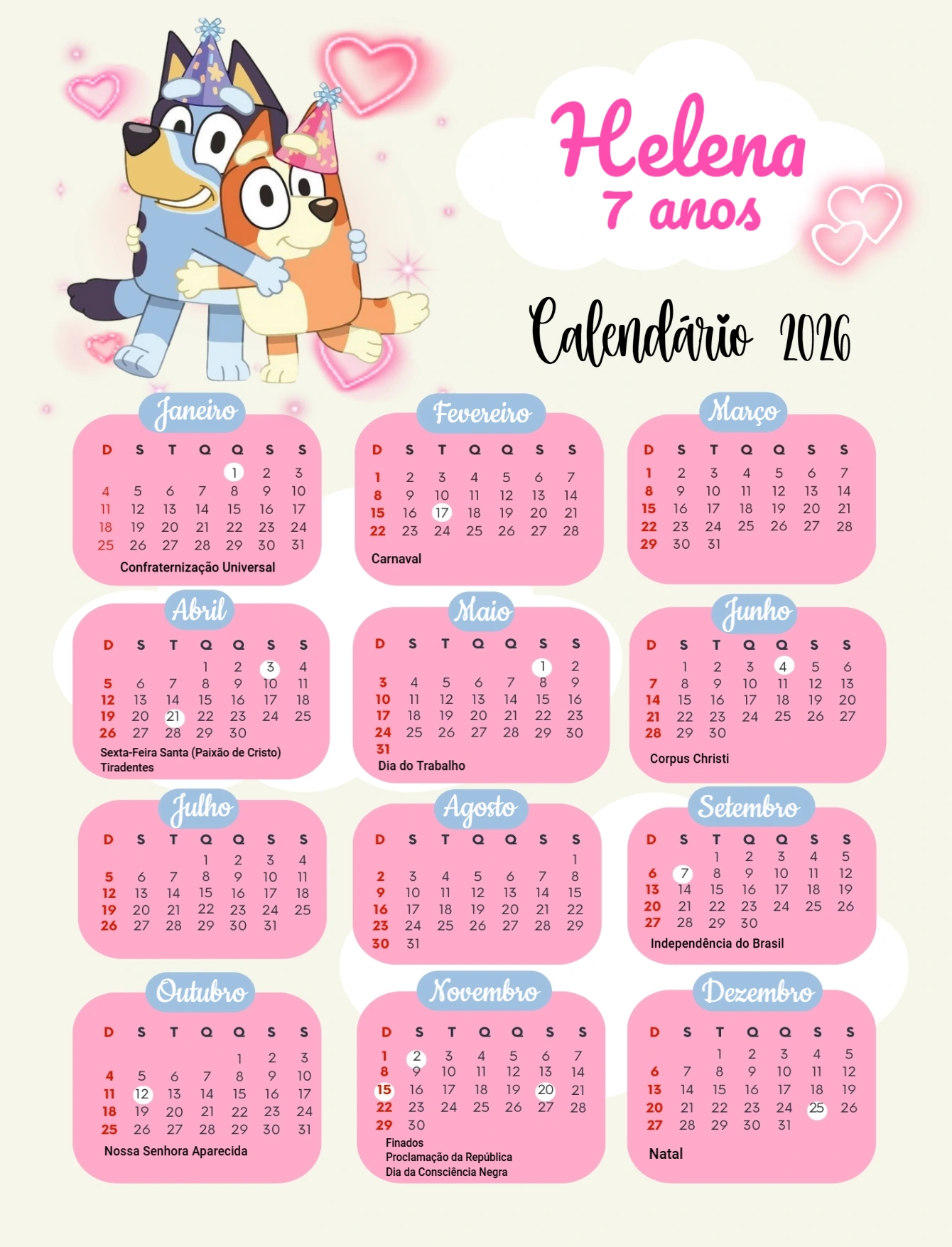 Calendário 2026 Bluey e Bingo Editável para Aniversário Infantil