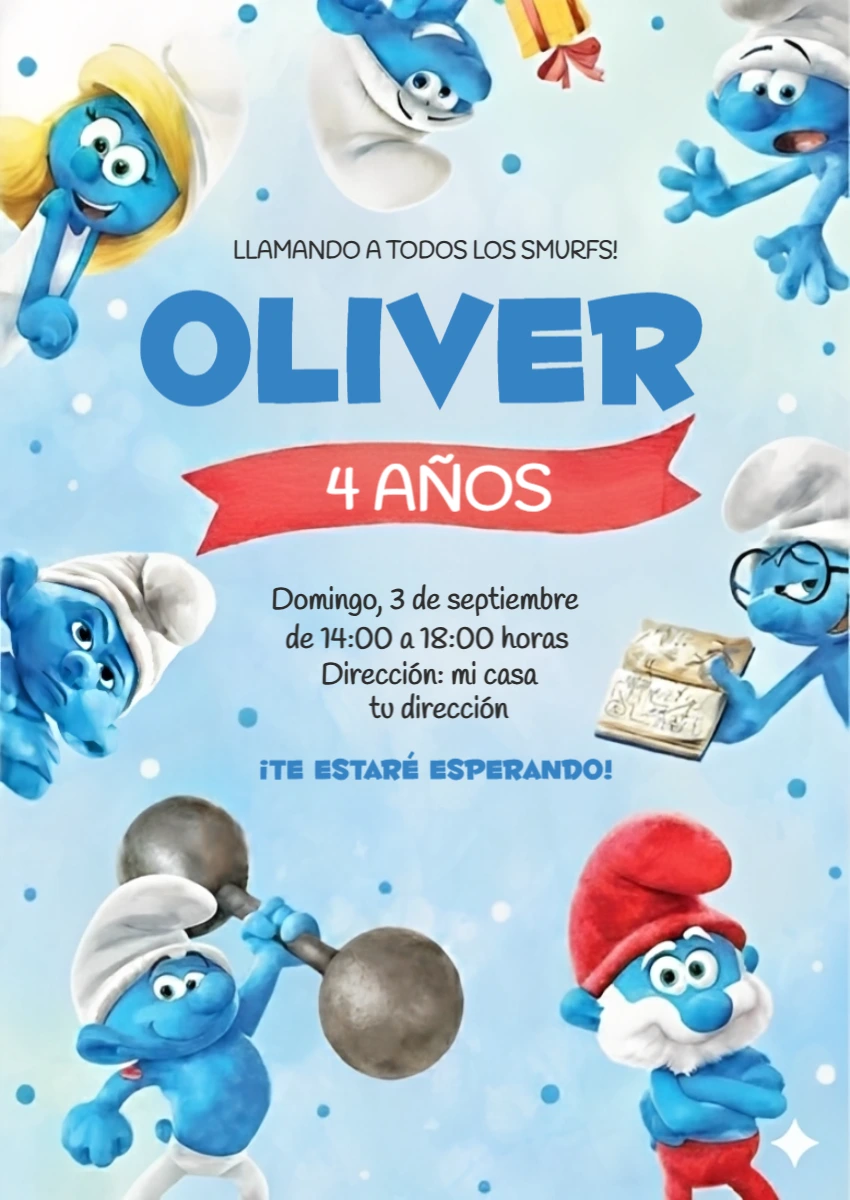Invitación de Cumpleaños de Los Pitufos para Editar Online