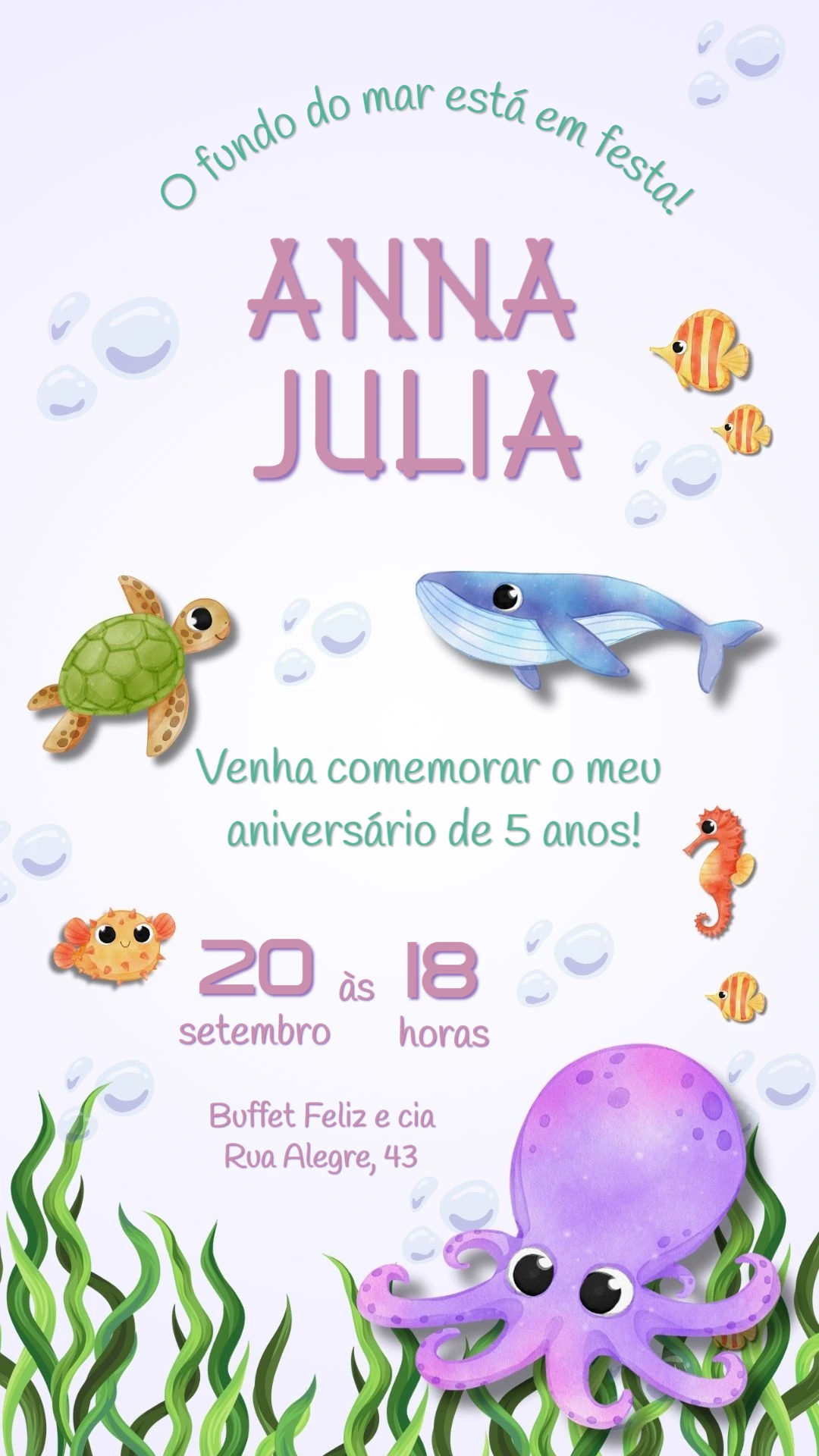 Convite de Aniversário Fundo do Mar para Editar Online