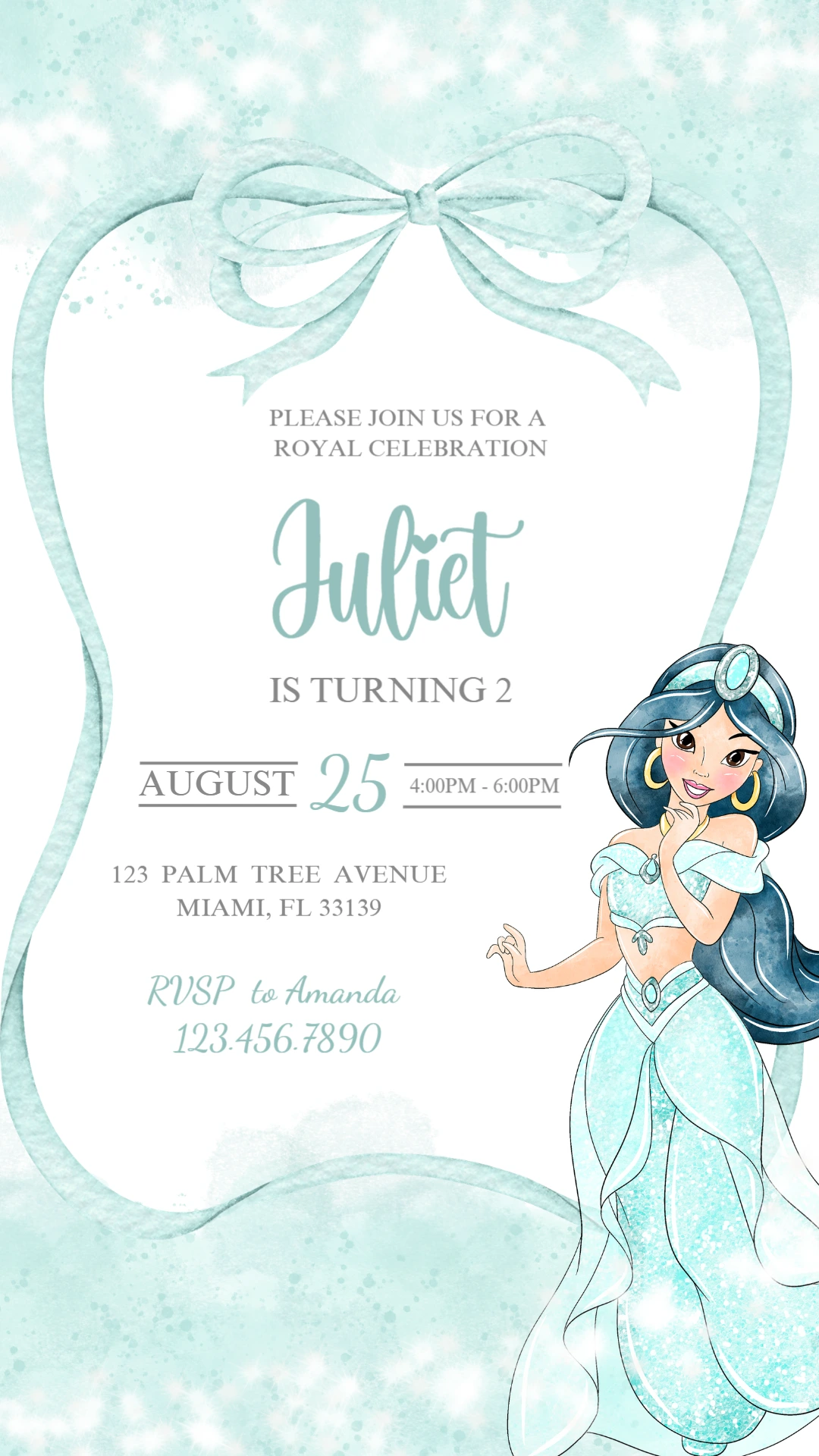 Princess Jasmine Birthday Invitation | Editable Watercolor Template