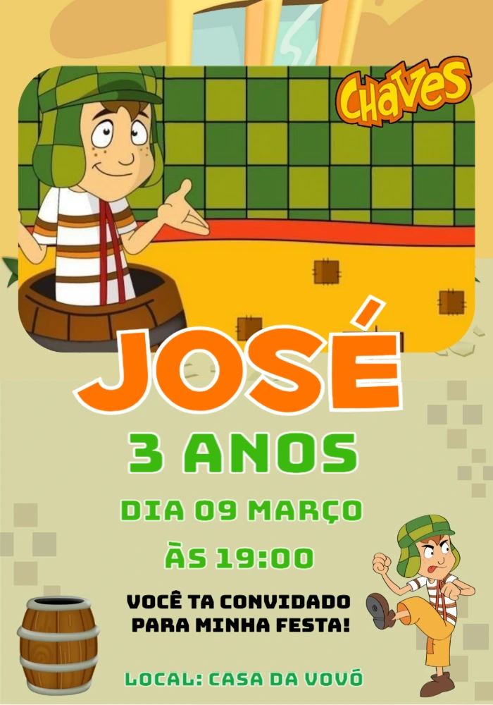 Convite de Aniversário do Chaves para Editar e Imprimir