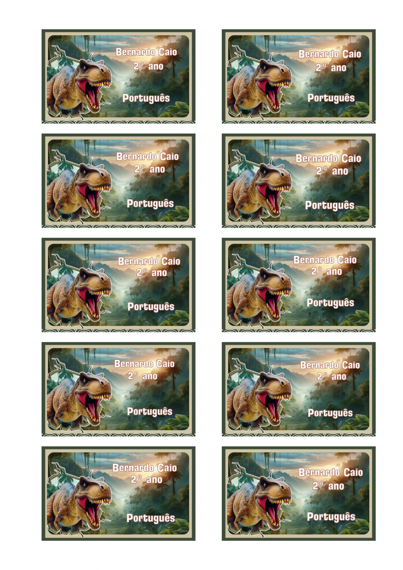 Etiqueta Escolar Dinossauro T-Rex Modelo Editável para Imprimir