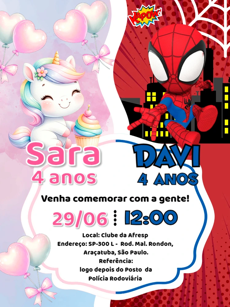 Convite Aniversário Duplo Unicórnio e Homem-Aranha para Editar