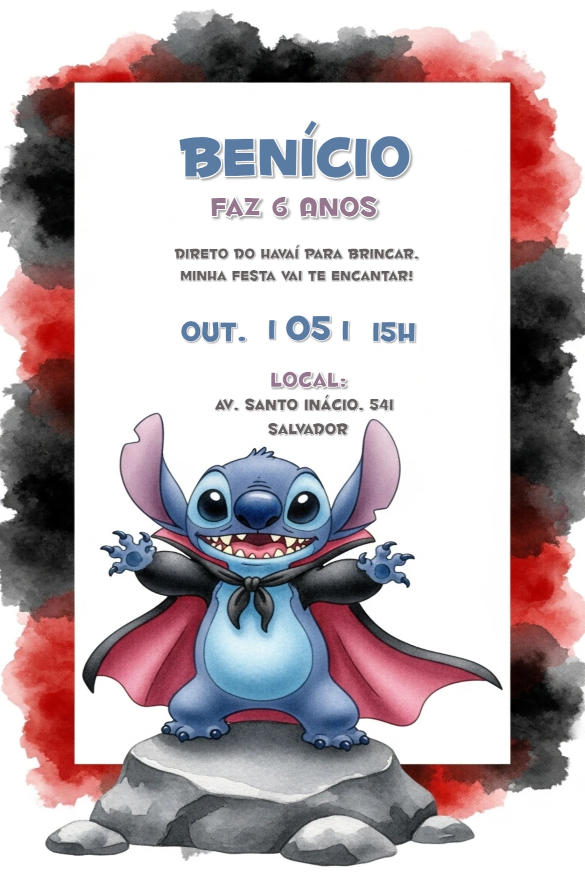 Convite Aniversário Stitch Vampiro para Editar Online