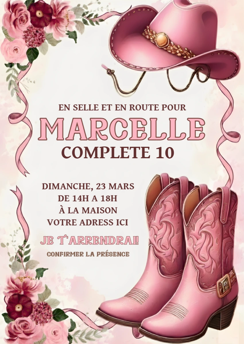 Invitation Anniversaire Cowgirl Rose Modèle à Modifier