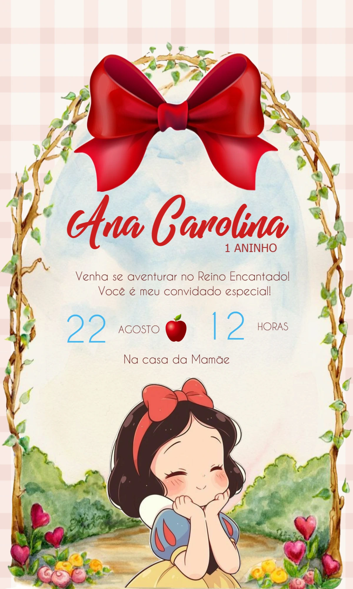 Convite de Aniversário Branca de Neve Fofo para Editar