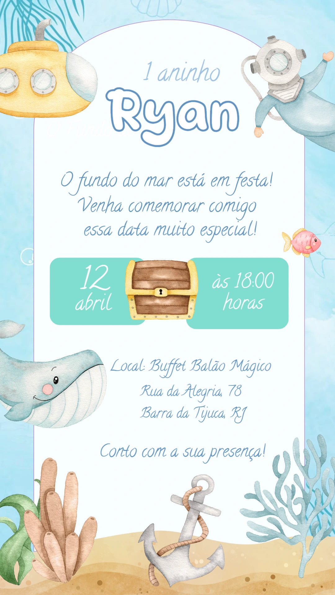 Convite Aniversário Fundo do Mar para Editar Online