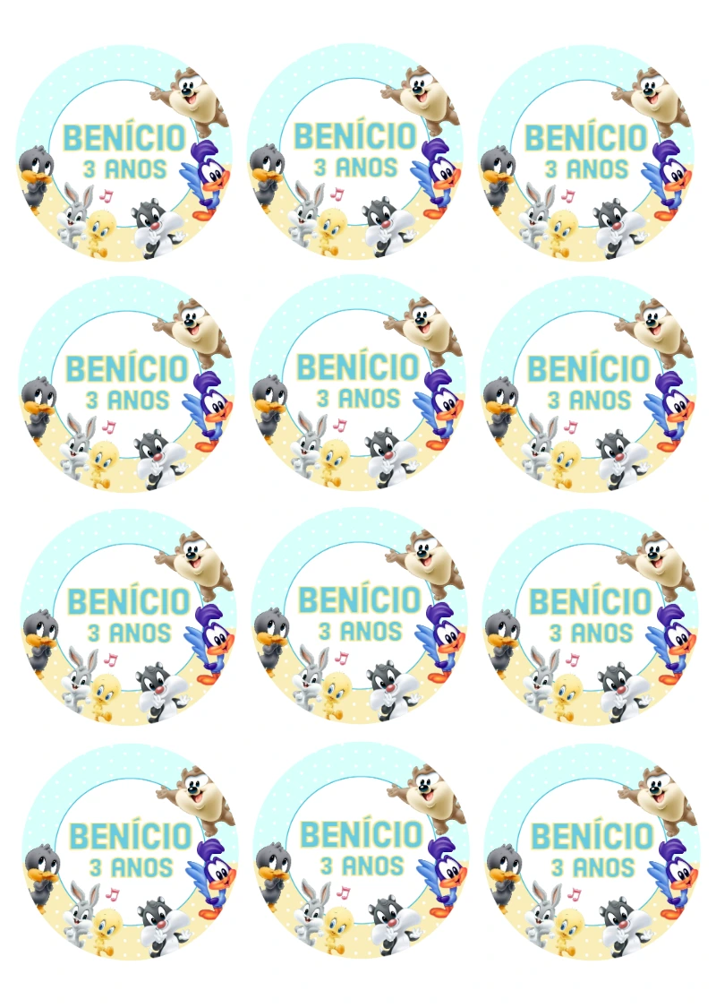 Adesivo Festa Baby Looney Tunes com Personagens para Editar