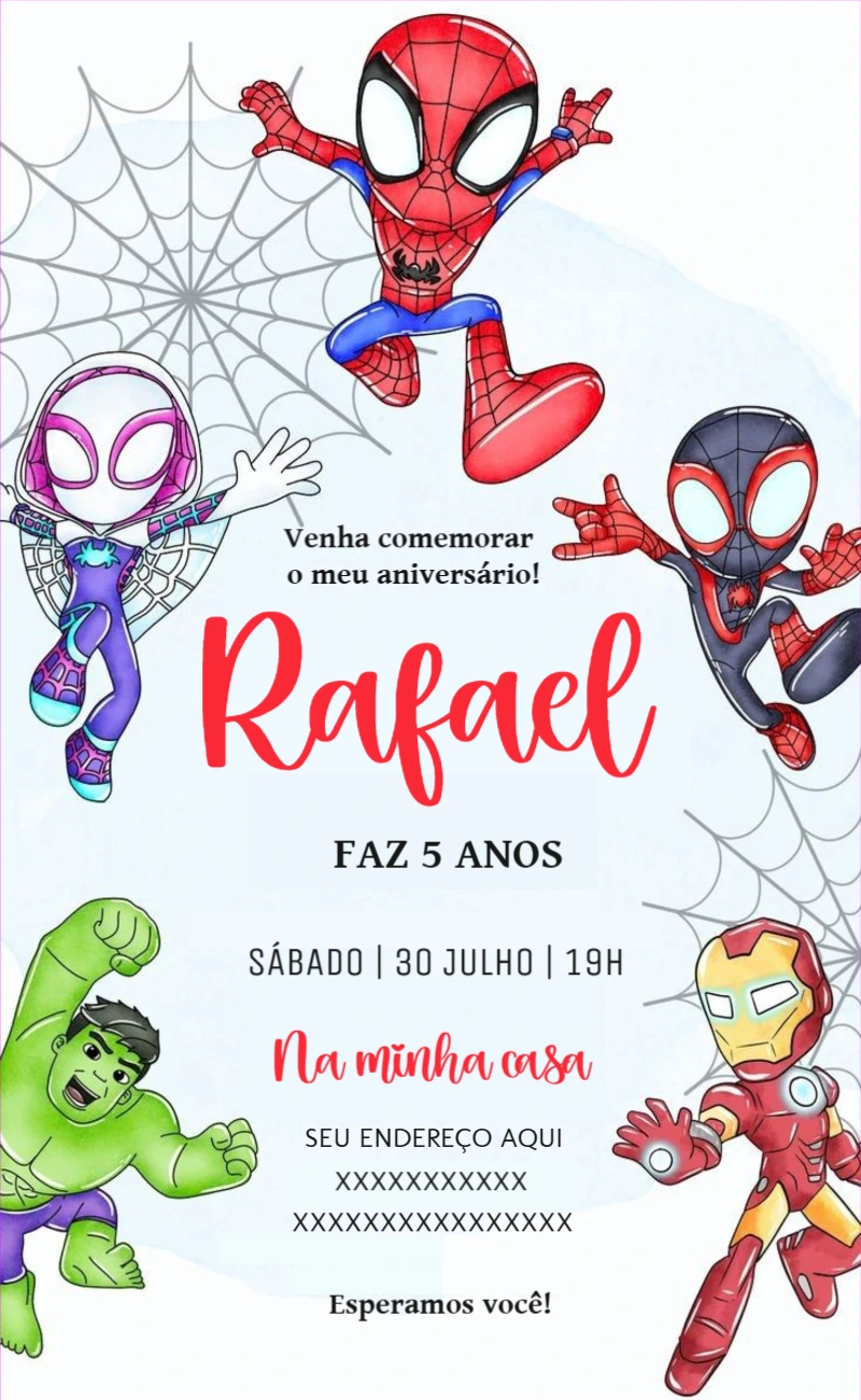 Convite de Aniversário Heróis Aquarela para Editar Online