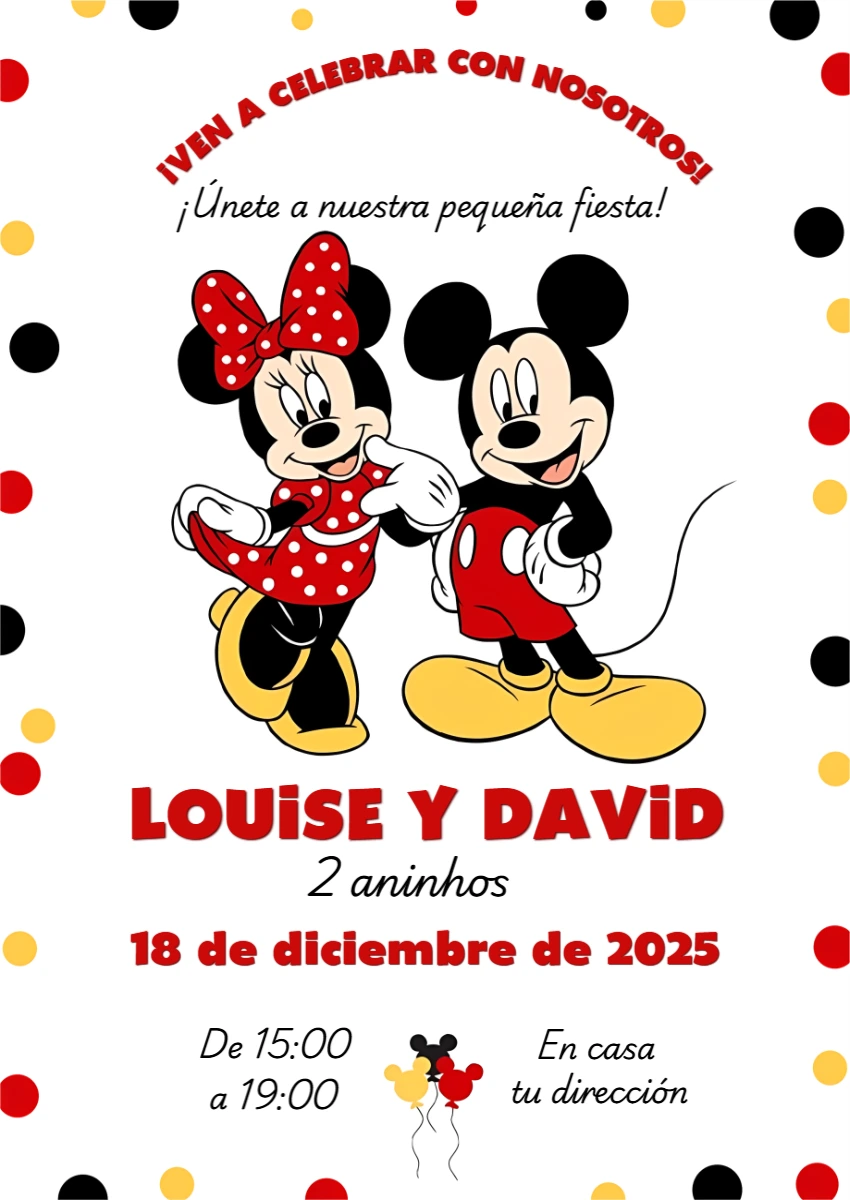 Invitación de Cumpleaños de Mickey y Minnie para Editar Online