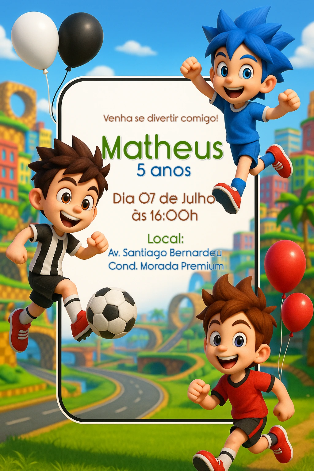 Convite de Aniversário Futebol com Meninos para Editar Online