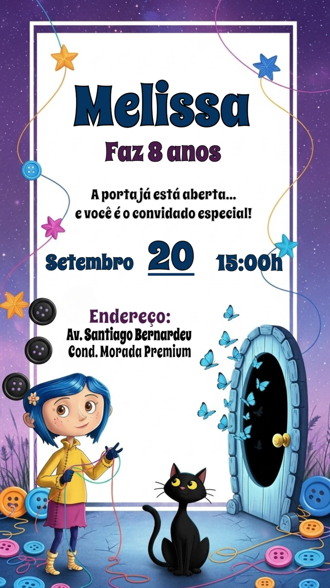 Convite de Aniversário Coraline para Editar e Enviar Online