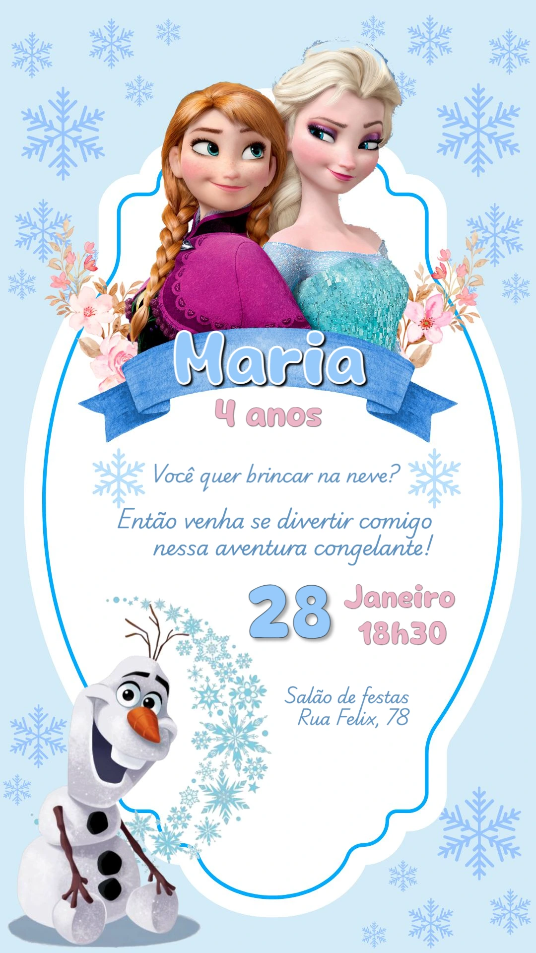 Convite Aniversário Frozen com Elsa e Anna para Editar Online