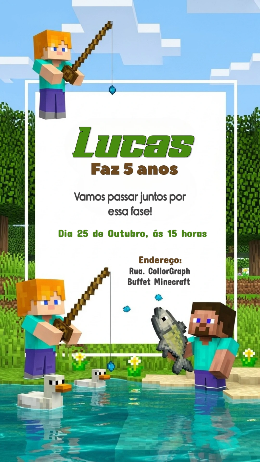 Convite Aniversário Minecraft com Steve e Alex para Editar