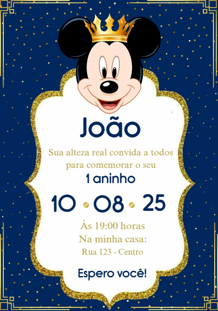 Convite Aniversário Mickey Realeza para Editar Online