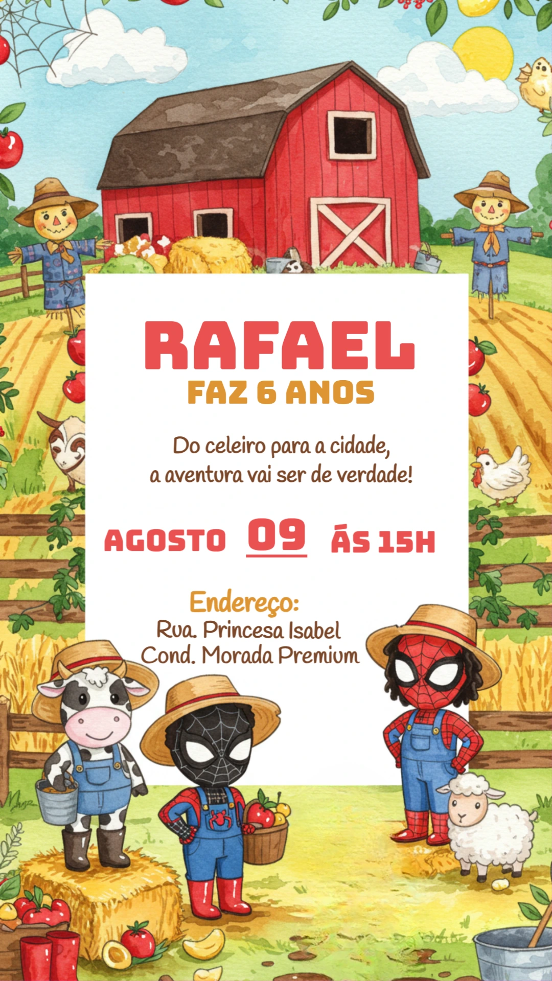 Convite Aniversário Fazendinha Homem Aranha para Editar Online