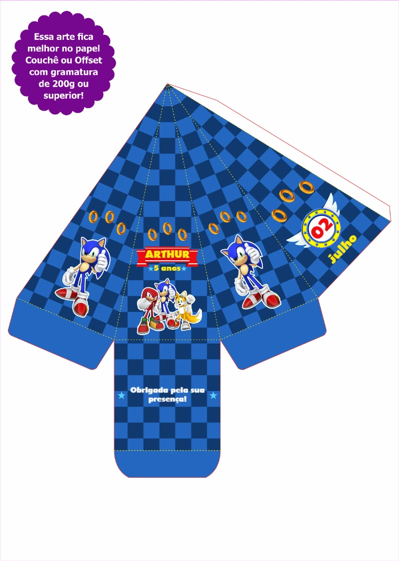 Caixa Pirâmide Aniversário Sonic para Editar e Imprimir