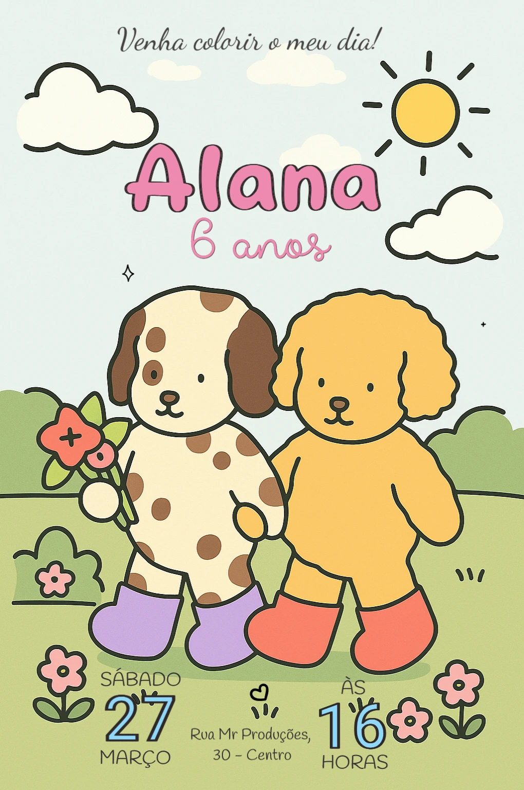 Convite Aniversário Cachorrinhos Fofos para Editar Online