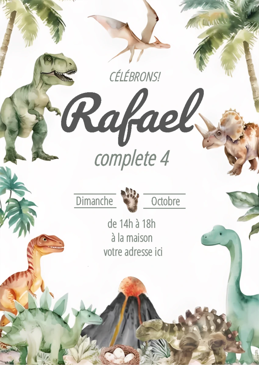Invitation Anniversaire Dinosaures Aquarelle à Modifier en Ligne