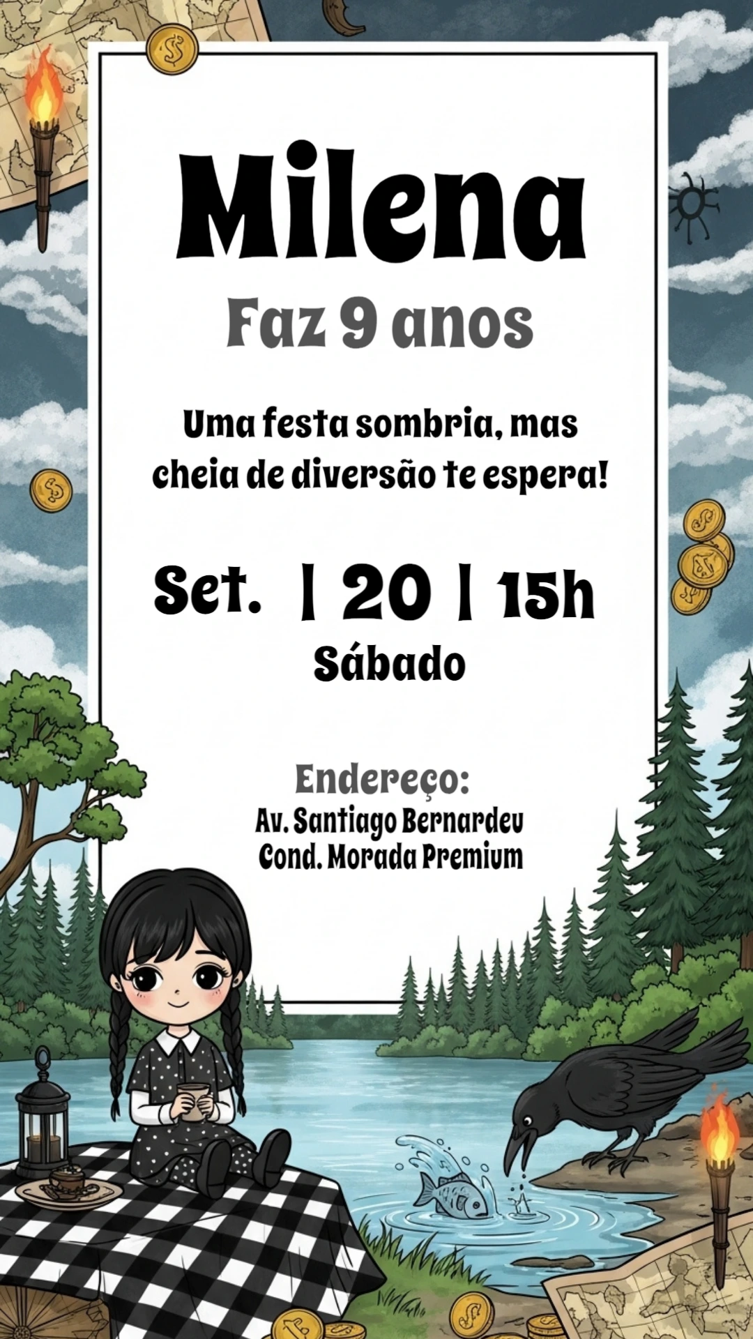 Convite de Aniversário Wandinha Addams para Editar Online