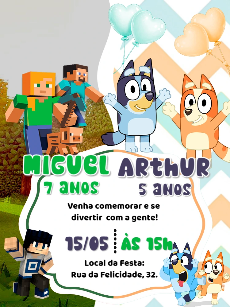 Convite Aniversário Duplo Minecraft e Bluey para Editar Online