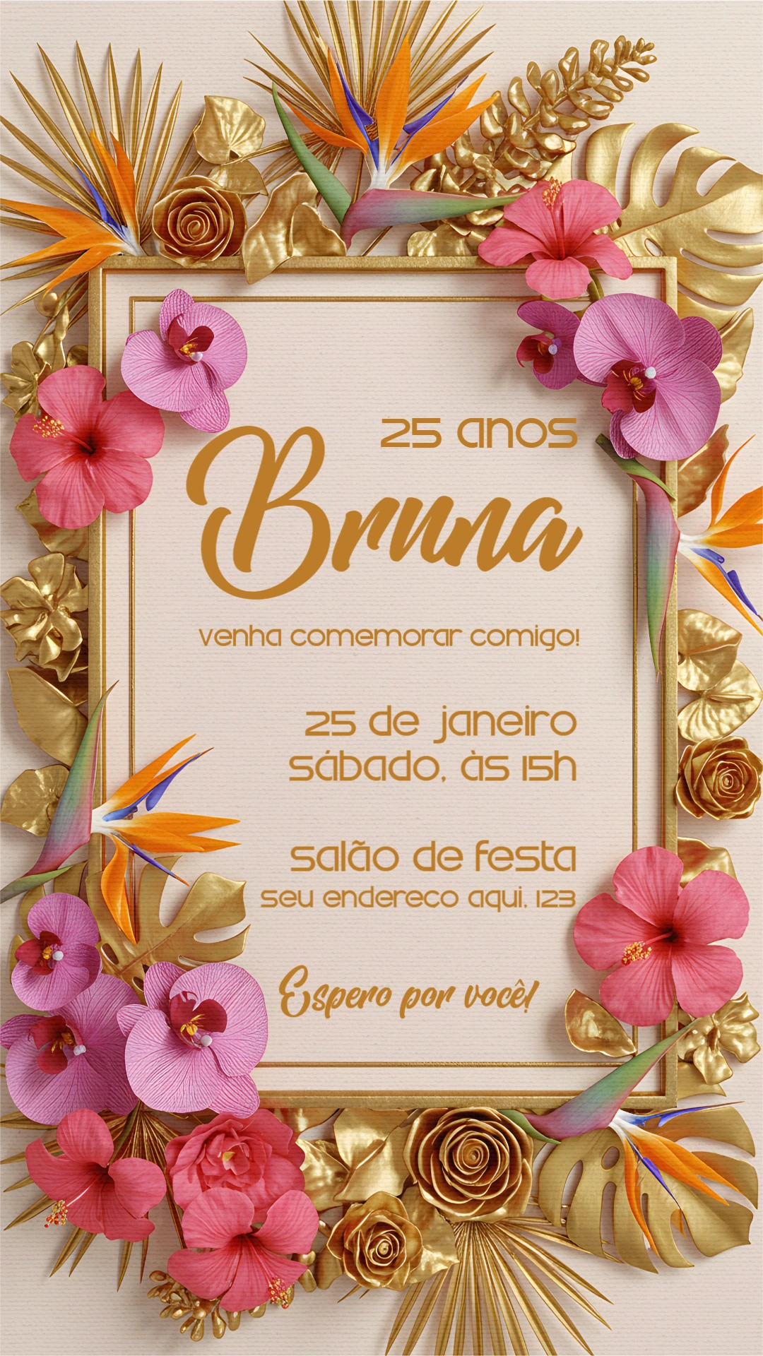 Convite Aniversário Tropical Dourado para Editar Online