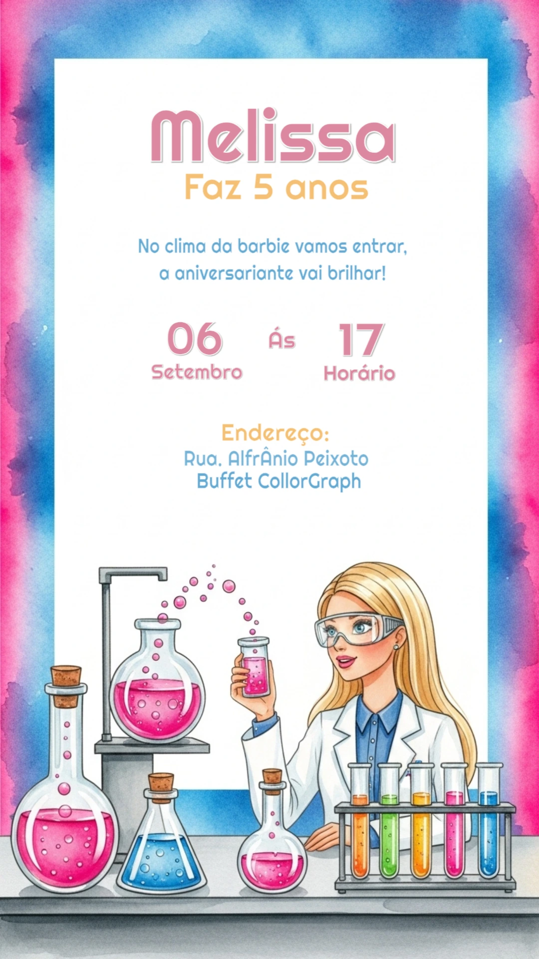 Convite Aniversário Barbie Cientista para Editar Online