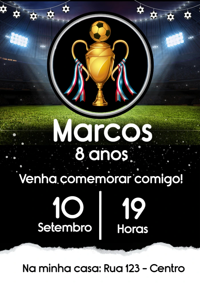 Convite Aniversário Futebol com Troféu para Editar Online
