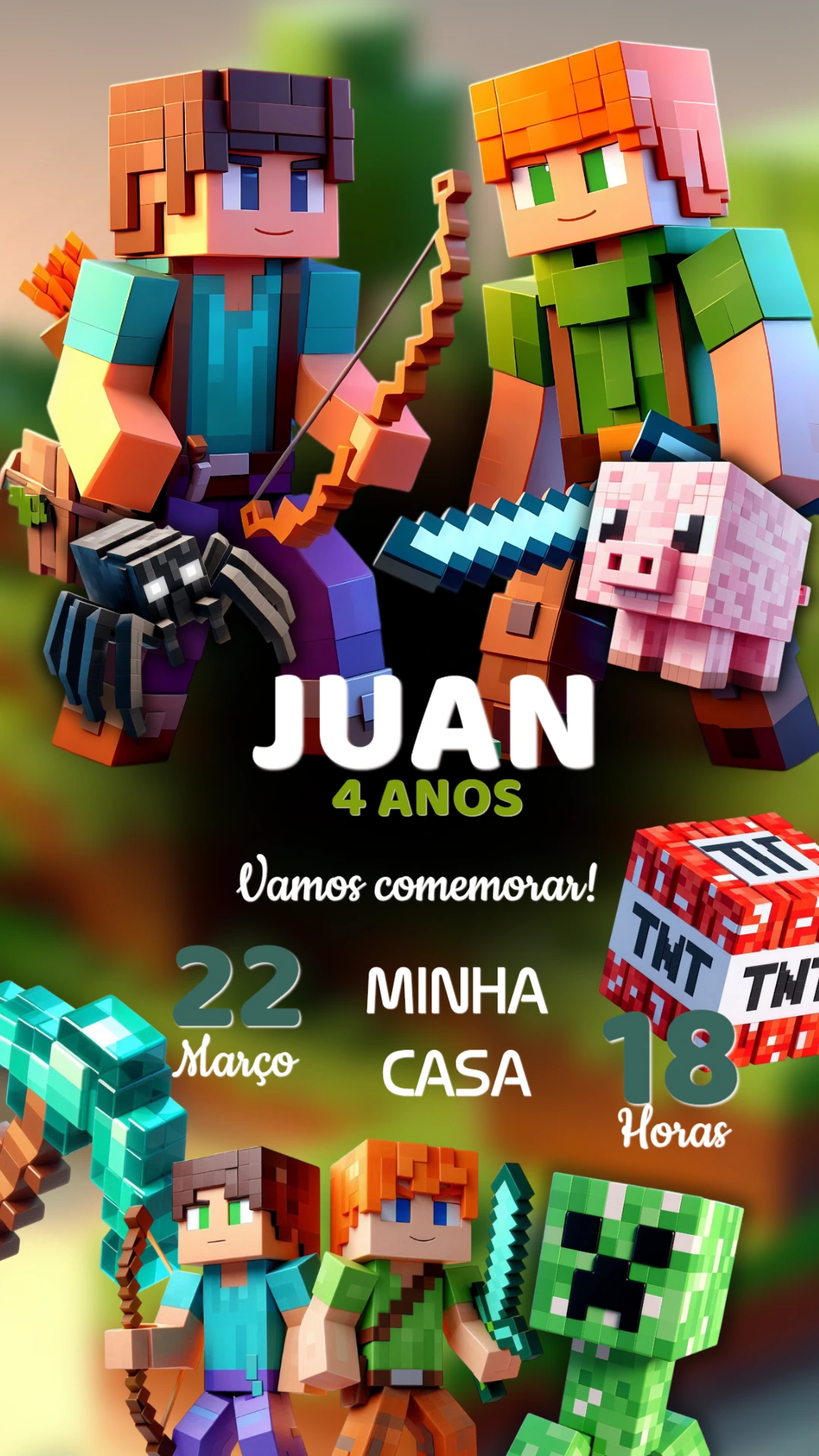 Convite de Aniversário Minecraft com Personagens para Editar