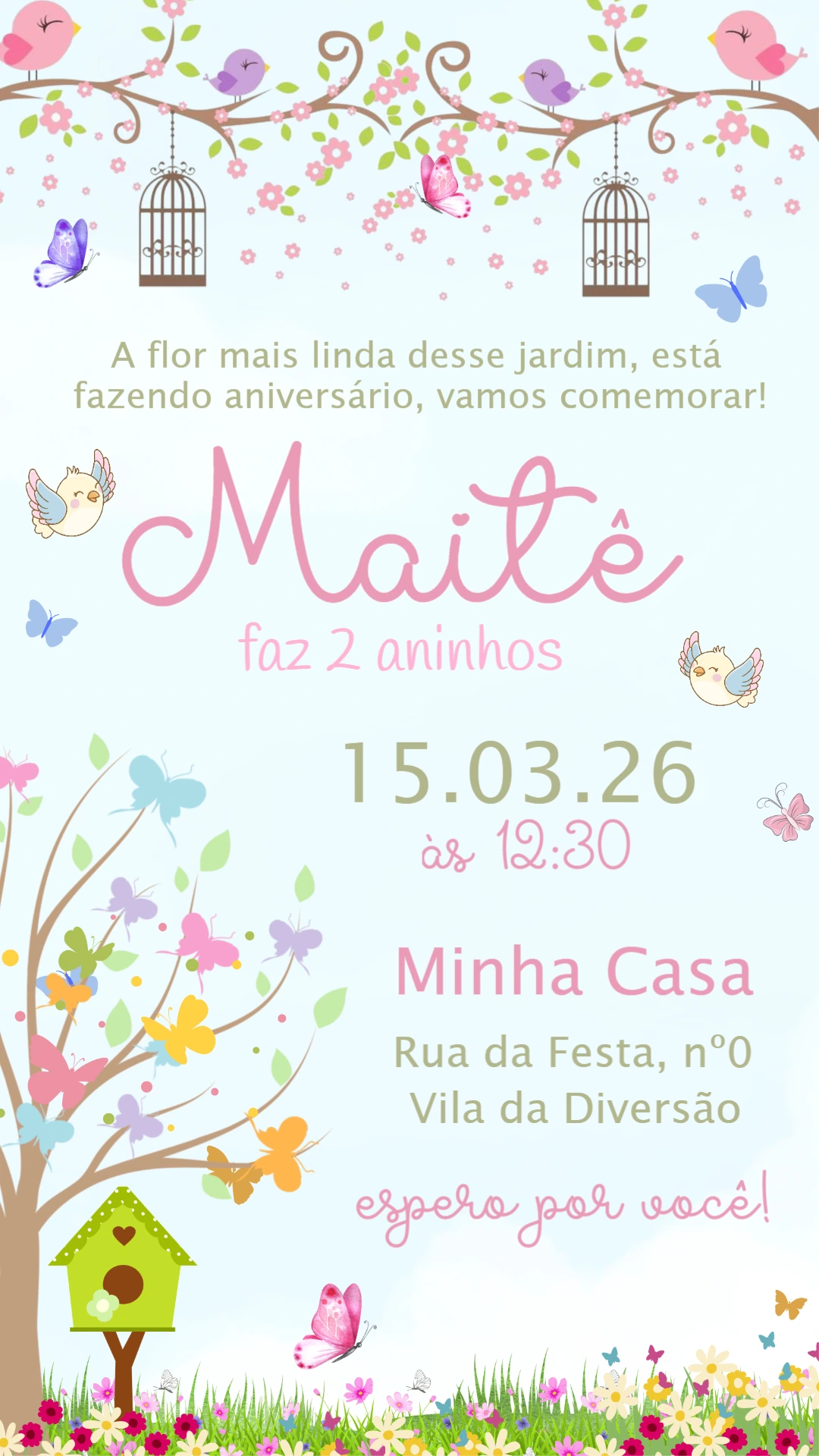 Convite de Aniversário Jardim Encantado com Pássaros Editável
