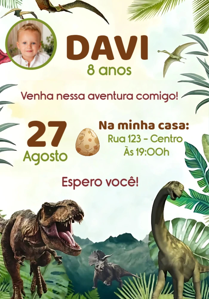 Convite Aniversário Dinossauro com Foto para Editar Online